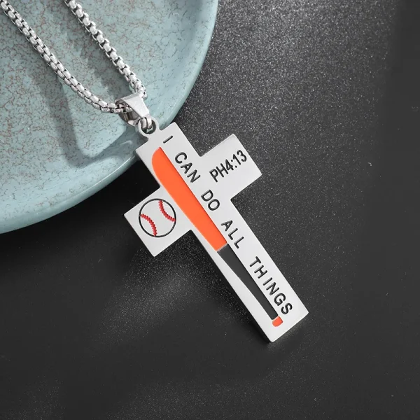Religious Theme Cross Sports Style Stainless Steel Baseball Cross Pendant Necklace Titanium Steel Hip-Hop Trendy