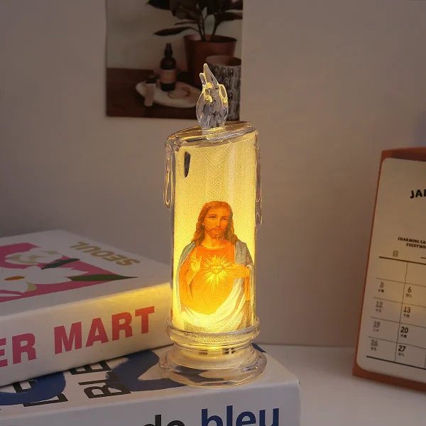 Mecrt Catholic LED Light Electronic Wax Candles Religious Acrylic Simulation of Our Lady Jesus for Christmas Gift