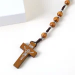Catholic Rosary Crucifix Cross Pendant Natural Wood Beads 10mm Woven Zinc Alloy Jesus Christian Jewelry Wholesale - Image 4