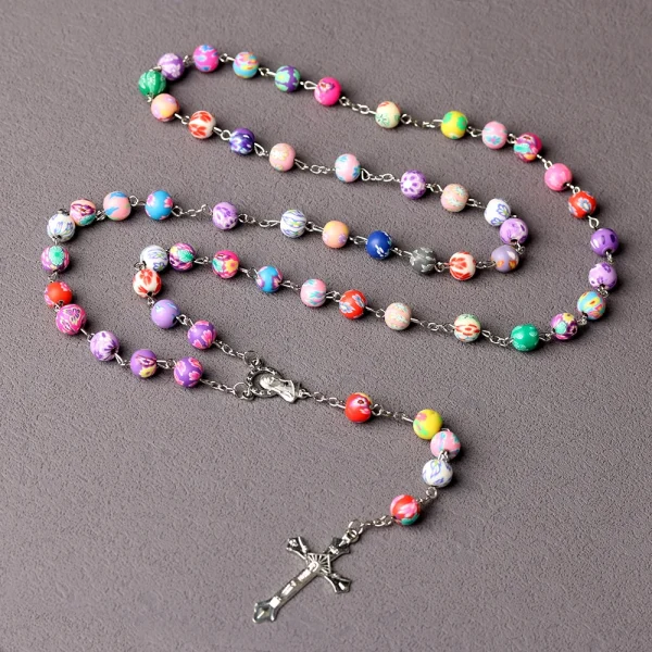 Catholic Rosary Crucifix Necklace Colorful Cross Polymer Clay 8mm/6mm Colored Patterned Beads Prayer Beads Jesus Alloy P