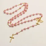 Catholic Rosaries Pink Glass Pearl Beads Angel Wings Trendy Jesus Rosary Necklace 6MM Gold Jewelry Wholesale - Image 6