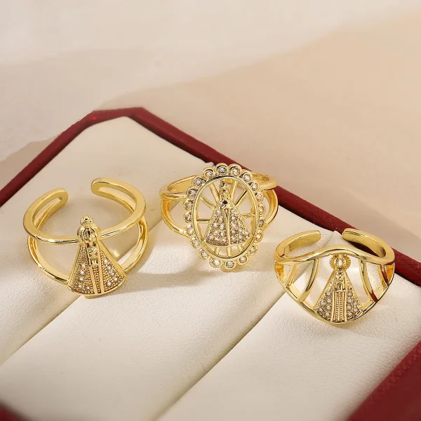 Fashion Retro Copper Plated 18K Gold Zircon Virgin Mary Geometric Minimalist Open Ring Women Niche Personality