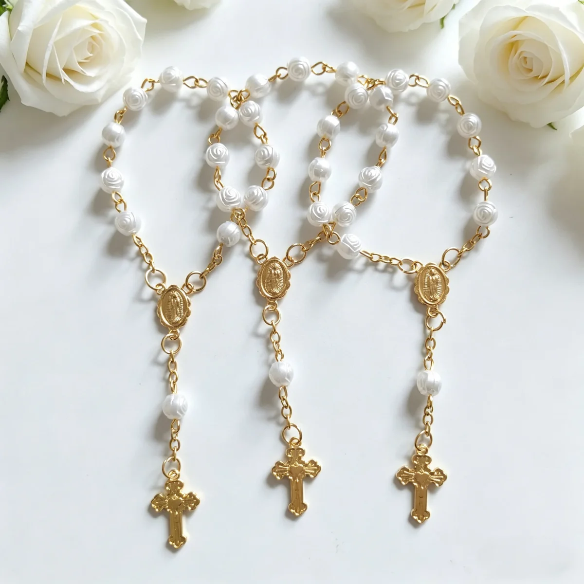 Hot Wings Christian Religious Rose Baptism Beads Pearl Beaded Bracelet Rosary Cross Factory Wholesale - Image 2