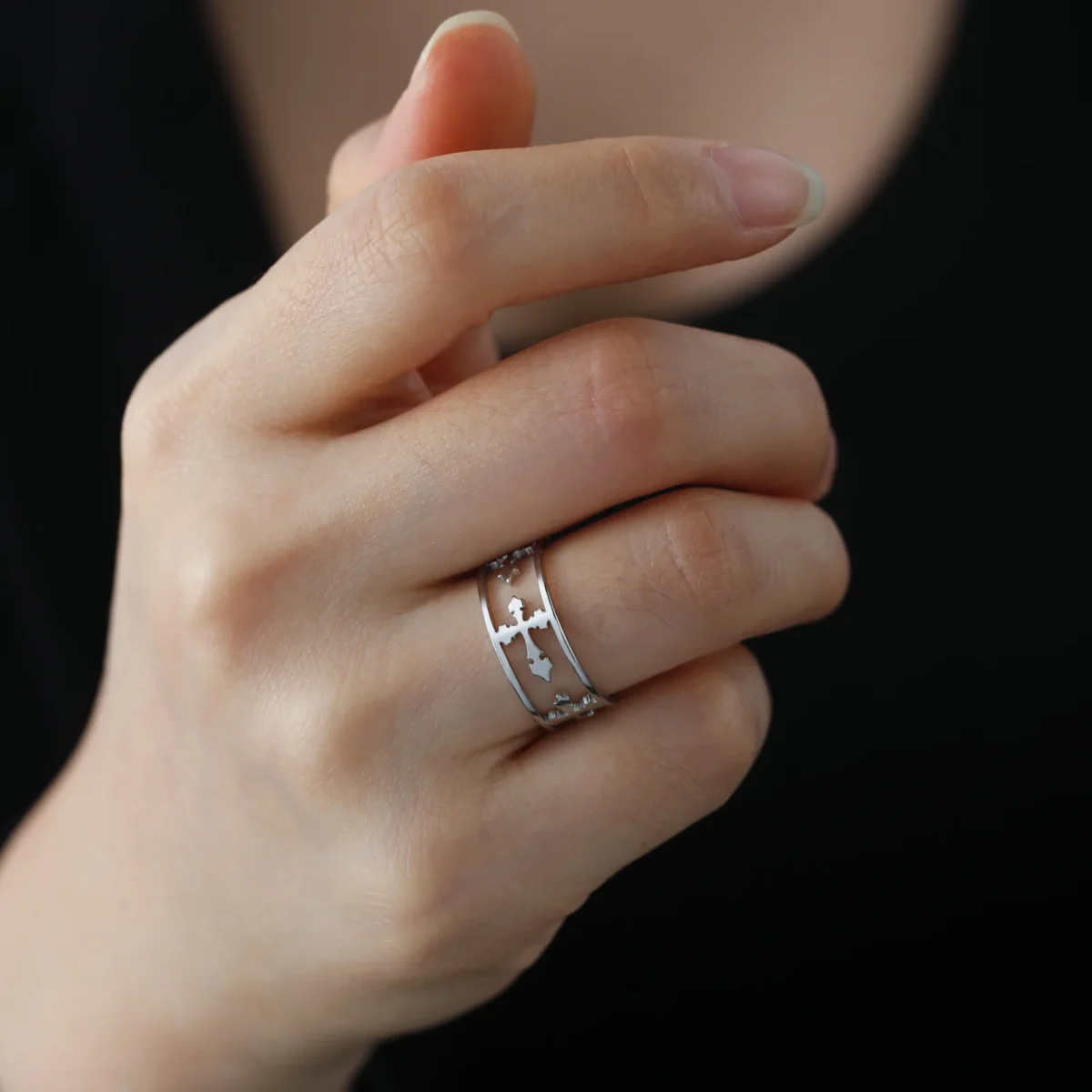 Cross Ring Fashion Trend Cut Half Hollow Titanium Steel Ring Men's and Women's Stainless Steel Ring Jewelry Wholesale - Image 2