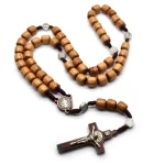 Handmade Religious Catholic Rosary Crucifix Jewelry Wood Beads Virgin Mary Charm Cross Pendant Alloy Material Jesus Inspired