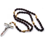 8*10 Dark Coffee Color Rice-Shaped Pearl Beads Bamboo Chain Diamond Braided Rosary Cross Necklace Export Jewelry