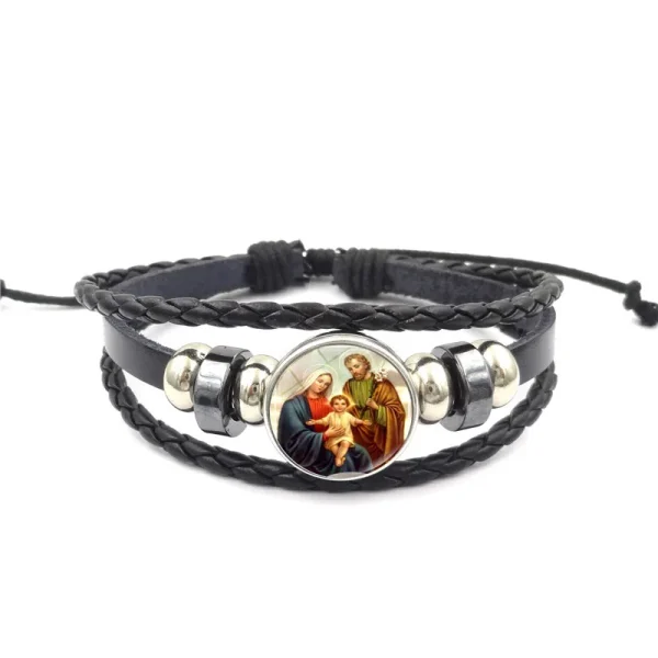 Mecrt Men’s Religious Punk Cuff Bracelets Virgin Mary Medal Beaded Woven Leather Wristband Zodiac Gifts with Cross