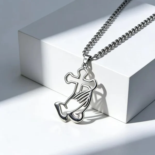 Stainless Steel Bamboo Chain Sporty Unisex Prayer Hand Cross Necklace Pendant Personalized Sweater Chain Jewelry Accesso