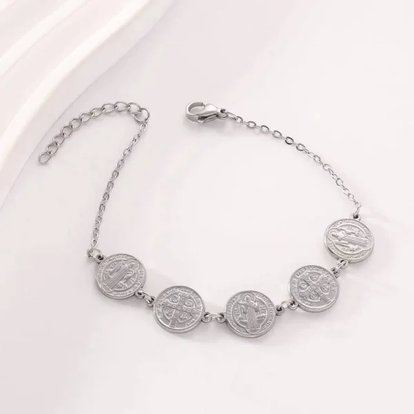 Catholic Jewelry Religious Christian Stainless Steel Bracelet for Men Coin Fashion Gold Plated Cross Beaded Exorcism Bra