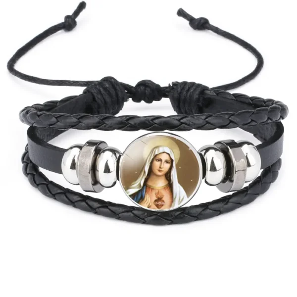 Mecrt Layered PU Leather Bracelets With Round Miraculous Jesus Virgin Mary Figures Medal Beads Wristband Bangle Bracelet