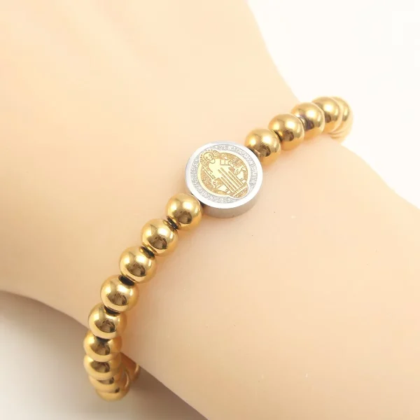 High Quality ReligiousStainless Steel Round Beads Gold Silver Plated Elastic RopeSaint Benedict Bracelets