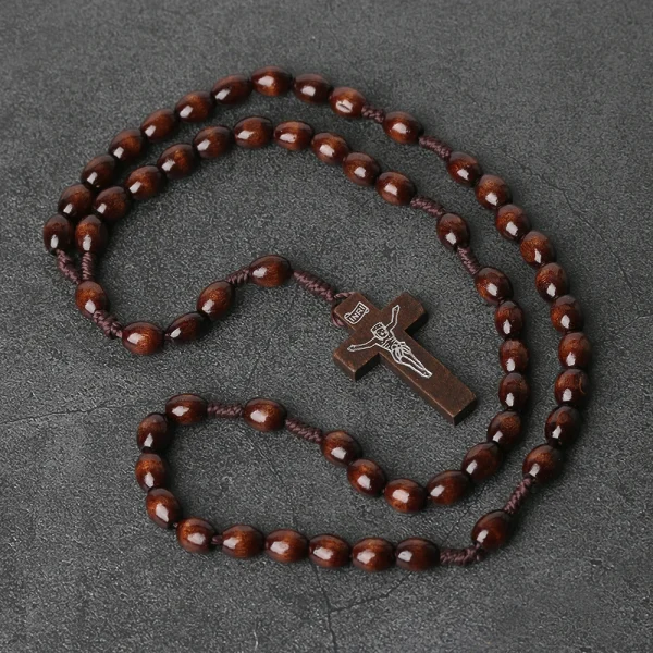 Vintage Rosary Cross Natural Wood Beads 10mm Religious Handmade Pendant Jesus Easter Presents Gifts Christian Jewelry Wh