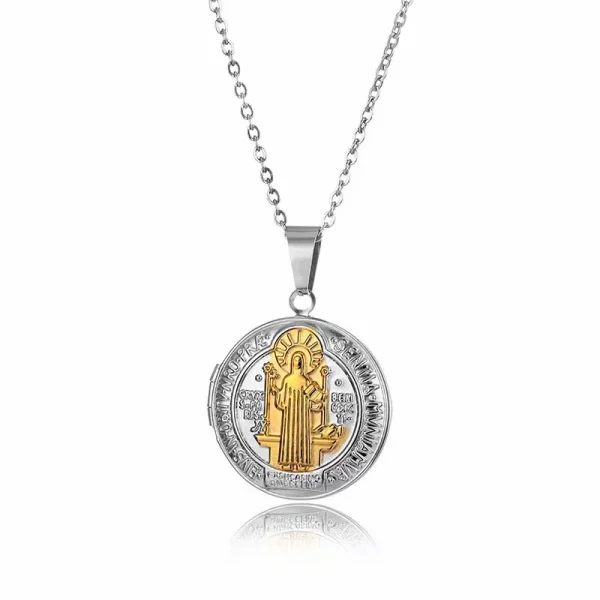 St Benedict Beaded Zinc Alloy 18k Gold Plated Pendant Medal Necklace with Cross Bible Locket Christian Religious Gift