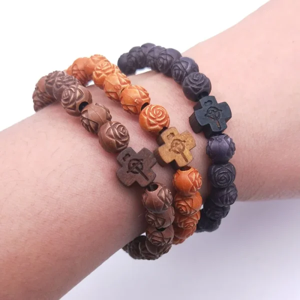 Religious Jewelry Plastic Wood Rose Bead Cross Bracelet 5.5g Rosary Bracelet