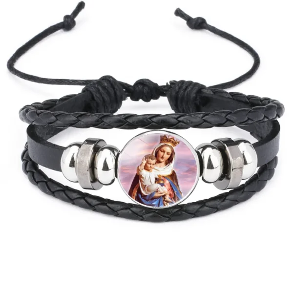 Mecrt Layered PU Leather Bracelets With Round Miraculous Jesus Virgin Mary Figures Medal Beads Wristband Bangle Bracelet
