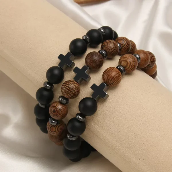 Wholesale Custom Cross Charm Wooden Beads Frosted Stones Gemstone Men’s Bracelet Healing Energy Natural Stones Bra