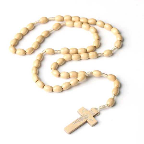 Vintage Rosary Cross Natural Wood Beads 10mm Religious Handmade Pendant Jesus Easter Presents Gifts Christian Jewelry Wh