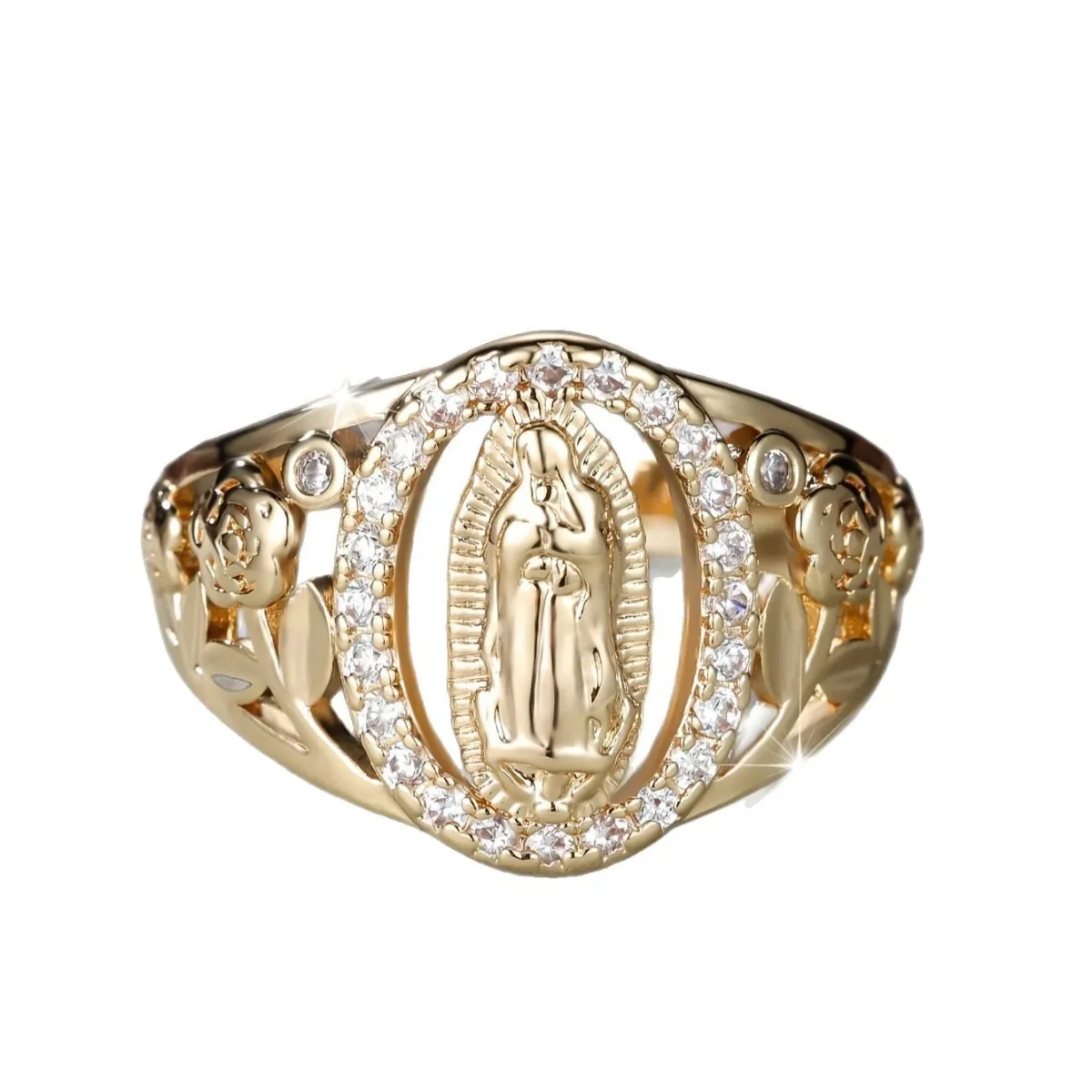Catholic Notre Dame Handicraft Diamond Ring Copper Gold Plated Hollow Jewelry Fashion Ring Jewelry Women's High Sense - Image 5