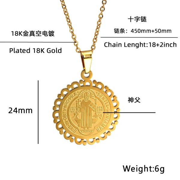 Mecrt Religious Stainless Steel Religious Pendant Necklace Cross-Shaped Miracle Medal Beaded Chain Alloy for Priest Son 