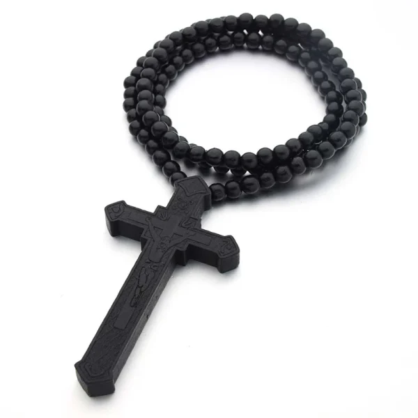 Mecrt Wooden Beaded Necklaces Religious Catholic Wood Bead Rosary Crucifix Cross Pendant Necklace for Men Easter Baptism
