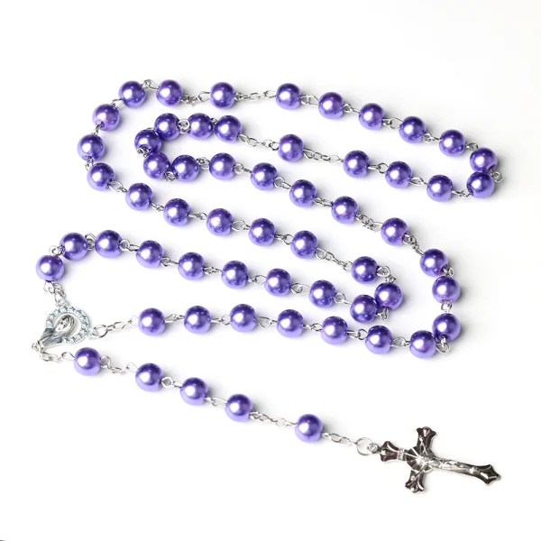 Catholic Cross Rosary Necklace Imitation Pearl 8MM Beads Easter Christian Sacrifice Gifts Church Prayer Jewelry Wholesal