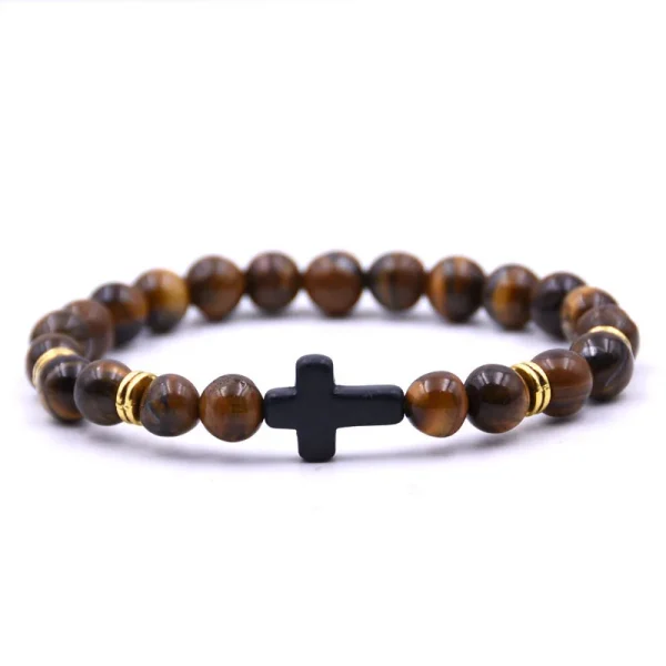 Tiger Eye Volcanic Stone for Bracelet Black Cross with Elastic Cord Trendy Christian Religious Accessory