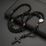 Mecrt Christianity Rosary Men's Cross-Religious Necklace with Natural Black Volcanic Rock Yellow Tiger Eye Iron Stone Beads - Image 3