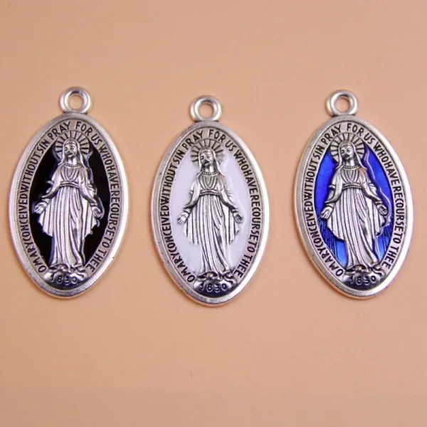 Miraculous Medal Oval in Antique Silver Alloy Virgin Mary Blue White Black Enamel Our Lady of Guadalupe