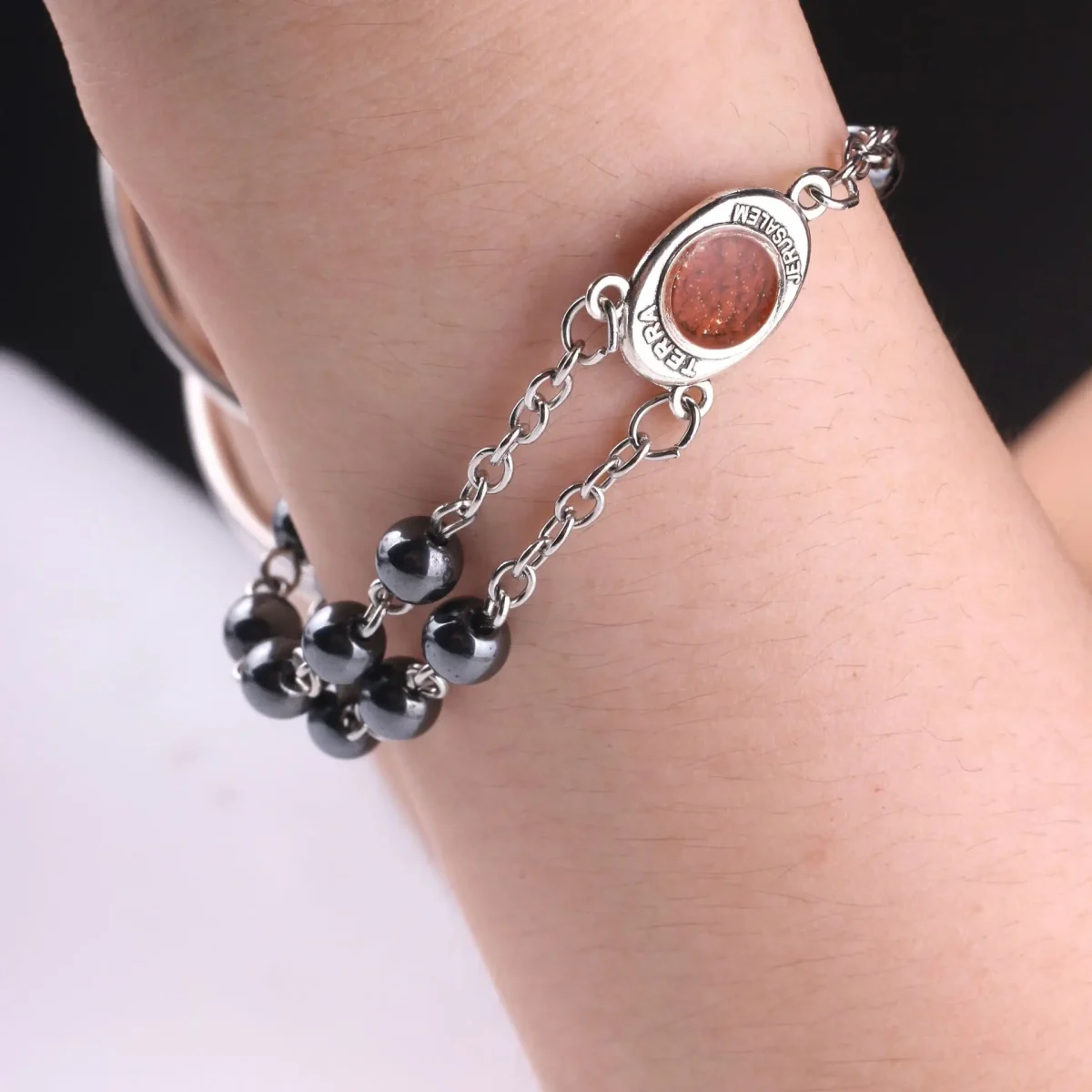 Hematite Rosary Bracelet Cross Catholic Holy Soil Baptism Communion Jewelry Wholesale - Image 5