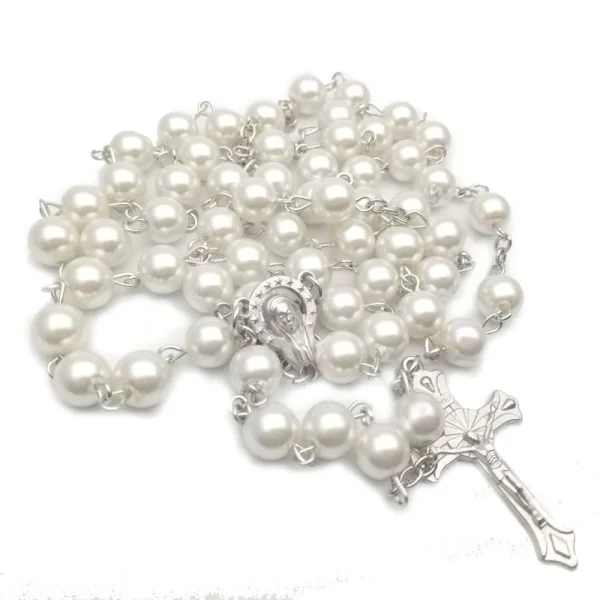 Catholic Cross Rosary Necklace Imitation Pearl 8MM Beads Easter Christian Sacrifice Gifts Church Prayer Jewelry Wholesal