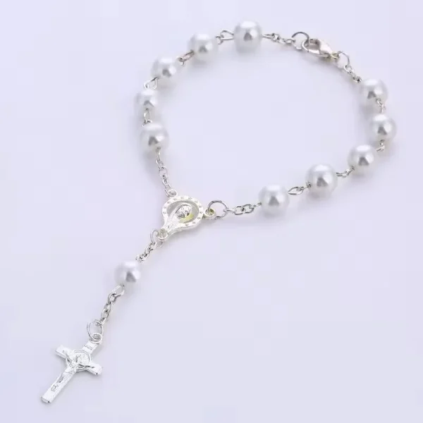 Colorful Pearl Rosary Cross Bracelet Handmade Beaded Religious Jewelry Anniversary Gift Mainly Made of Zinc Alloy