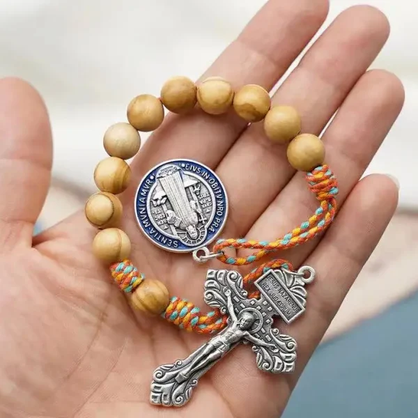 Religious Alloy St. Benedict Wood Pocket Rosary Door hang Bracelet with Jesus Forgiveness and Absolution Pendant