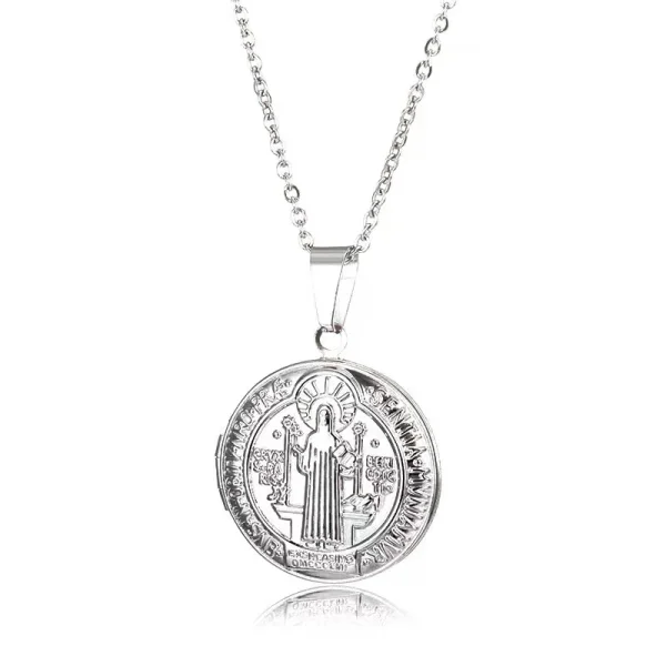 St Benedict Beaded Zinc Alloy 18k Gold Plated Pendant Medal Necklace with Cross Bible Locket Christian Religious Gift