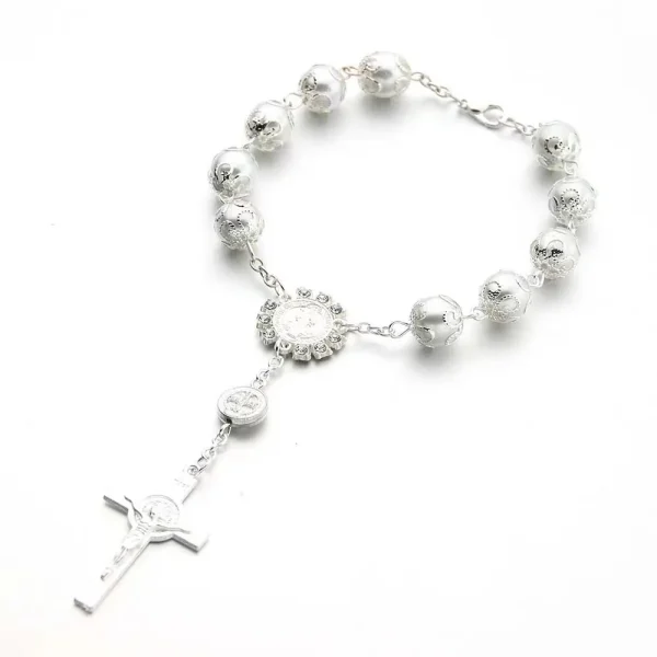 Crystal Wholesale 10mm Imitation Pearl Beaded Zinc Alloy Catholic Unisex Virgin Mary Rosary Bracelets with Crucifix