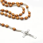 Wholesale Handmade Woven Catholic Rosary Necklaces Made of Natural Pine Wood (10mm*8mm) Separated by Spacer Beads - Image 4