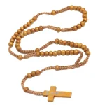 Catholic Rosary Necklace Jesus Cross Pendant Natural Wood Beads Jewelry Religious Exquisite Easter Christian Prayer Beads Gifts - Image 5