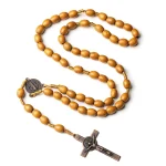 Vintage Religious Style Catholic Rosary Wooden Beads Cross Necklace with Jesus Saint Jewelry Easter Gift for Christianity Church - Image 5