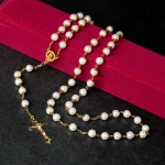Classic White Glass Beads Rosary Set with Gold Plated Beaded Necklaces for Catholic Gift
