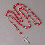 Catholic Vintage Religious Cross Rosary Necklace Gkass Imitation Pearl 8MM Beads Easter Christian Sacrifice Church Gifts - Image 2