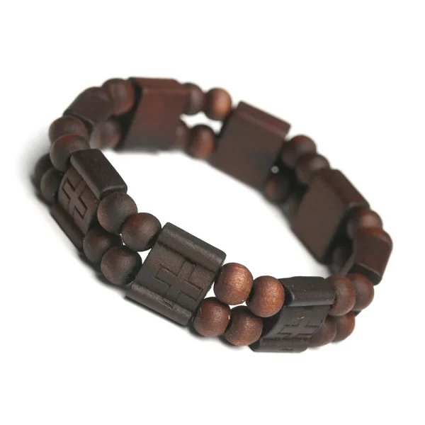 Wholesale Natural Wooden Cross Bracelet with Beaded and Diamond Stone Black Brown Religious Christian Style Jewelry