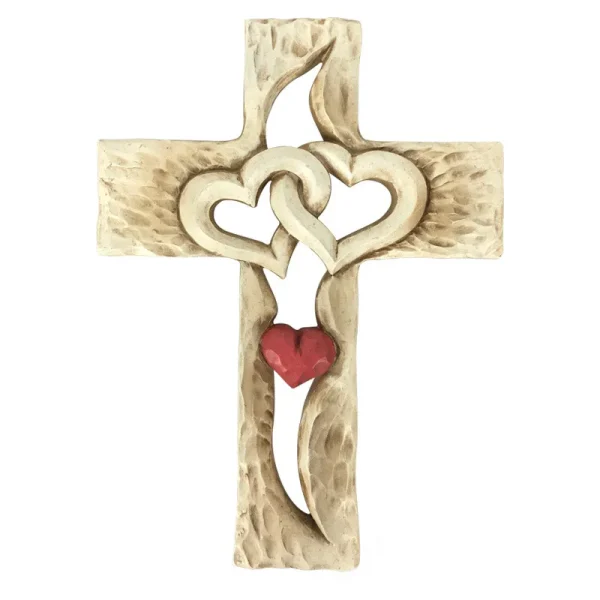 Mecrt Gold Metal Heart Cross Hands Holding Love Cross Sculpture Carved Wooden Cross-intertwined Hearts