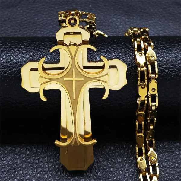 Mecrt New Gold Large Beaded Catholic Cross Necklace Unisex Alloy Religious Gift