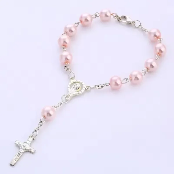 Colorful Pearl Rosary Cross Bracelet Handmade Beaded Religious Jewelry Anniversary Gift Mainly Made of Zinc Alloy