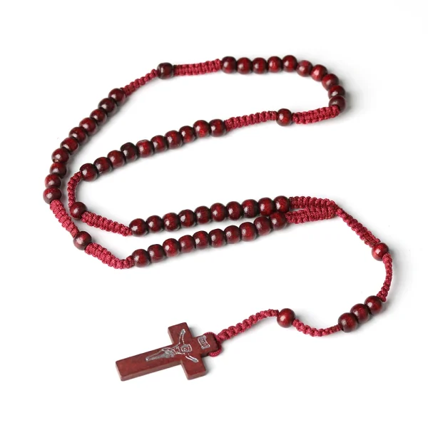 Catholic Rosary Necklace Jesus Cross Pendant Natural Wood Beads Jewelry Religious Exquisite Easter Christian Prayer Bead