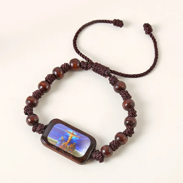 Catholic Wooden Bracelet Virgin Mary Dripping Oil Jewelry Jesus Holy Spirit St. Benedict Knotted Bracelet Jewelry Wholes