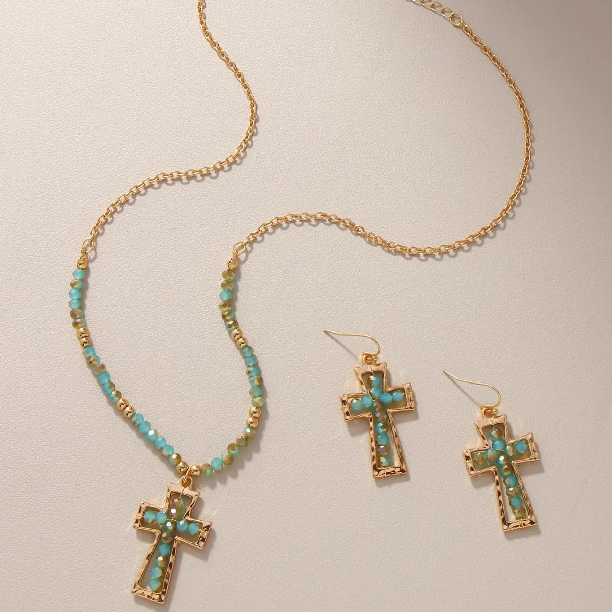 Trendy Teal Blue Glass Beaded Cross Necklace Earrings Set Stainless Steel Link Chain Gold Heart Shape Featuring Diamond Pearl - Image 2