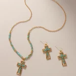 Trendy Teal Blue Glass Beaded Cross Necklace Earrings Set Stainless Steel Link Chain Gold Heart Shape Featuring Diamond Pearl - Image 2