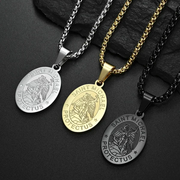 St Michael Archangel Print Pendant Necklace Stainless Steel Blake Oval Pendant Religious Cross Alloy Beads Religious Gif