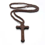 Mecrt Wooden Beaded Necklaces Religious Catholic Wood Bead Rosary Crucifix Cross Pendant Necklace for Men Easter Baptism Gift - Image 3
