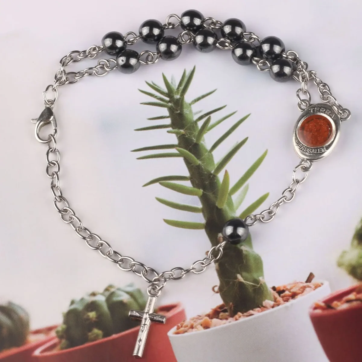 Hematite Rosary Bracelet Cross Catholic Holy Soil Baptism Communion Jewelry Wholesale - Image 6